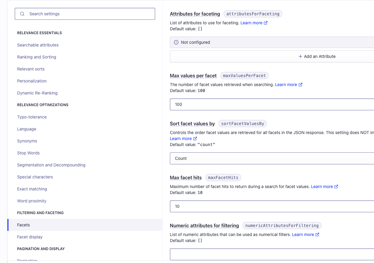 configure facets