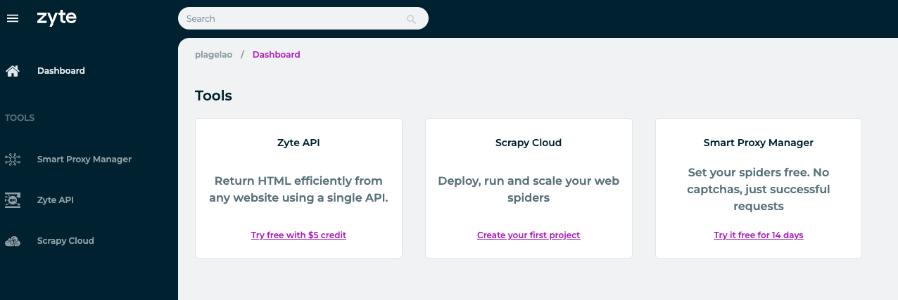 Zyte dashboard