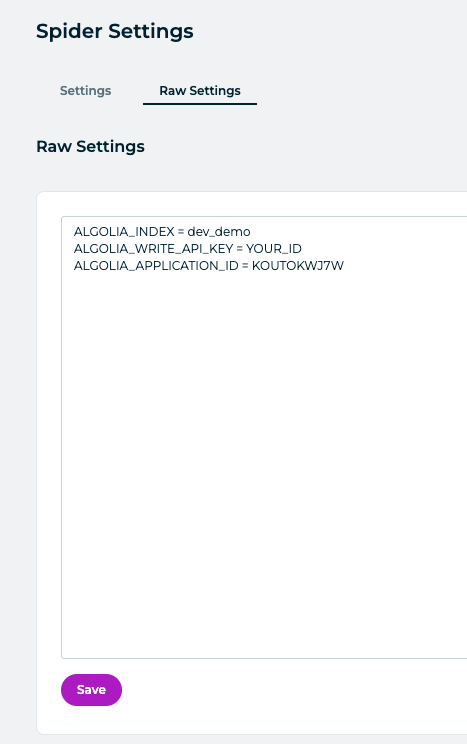 Zyte Spider raw settings tab