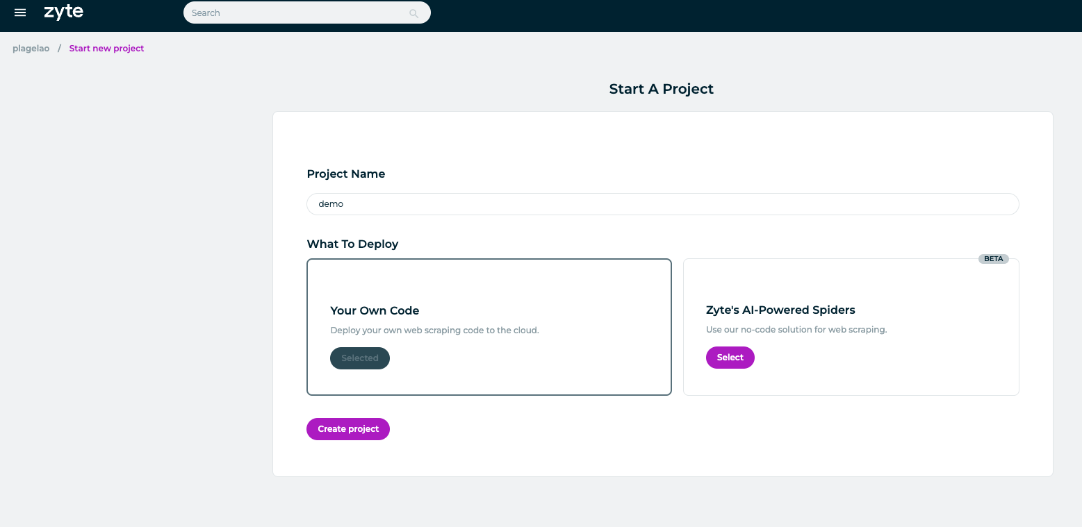 Start a new project in Zyte