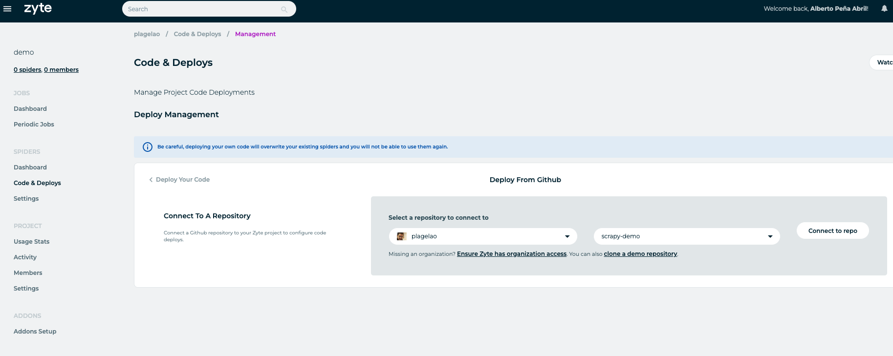 Code and deploys section in Zyte